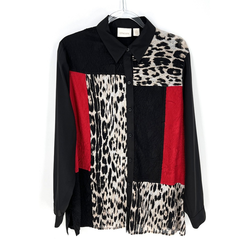 Chicos Size 2 - L Button Front Blouse Black Red Animal Print Color Block Teacher